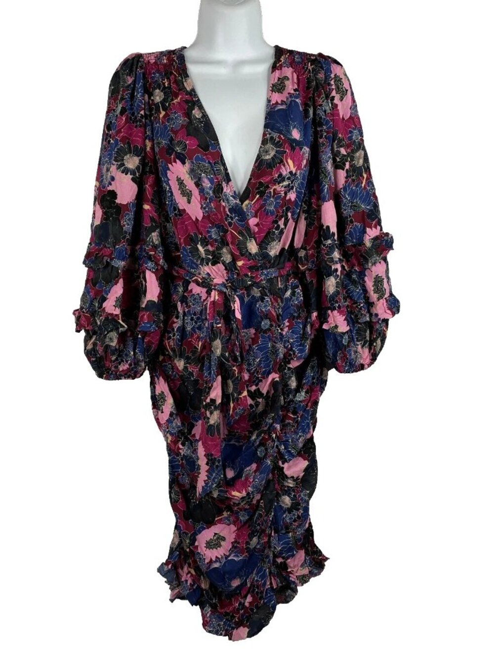 Free People Under Wraps Mini Dress Size 6 Faux Wrap Purple Combo Floral Belted